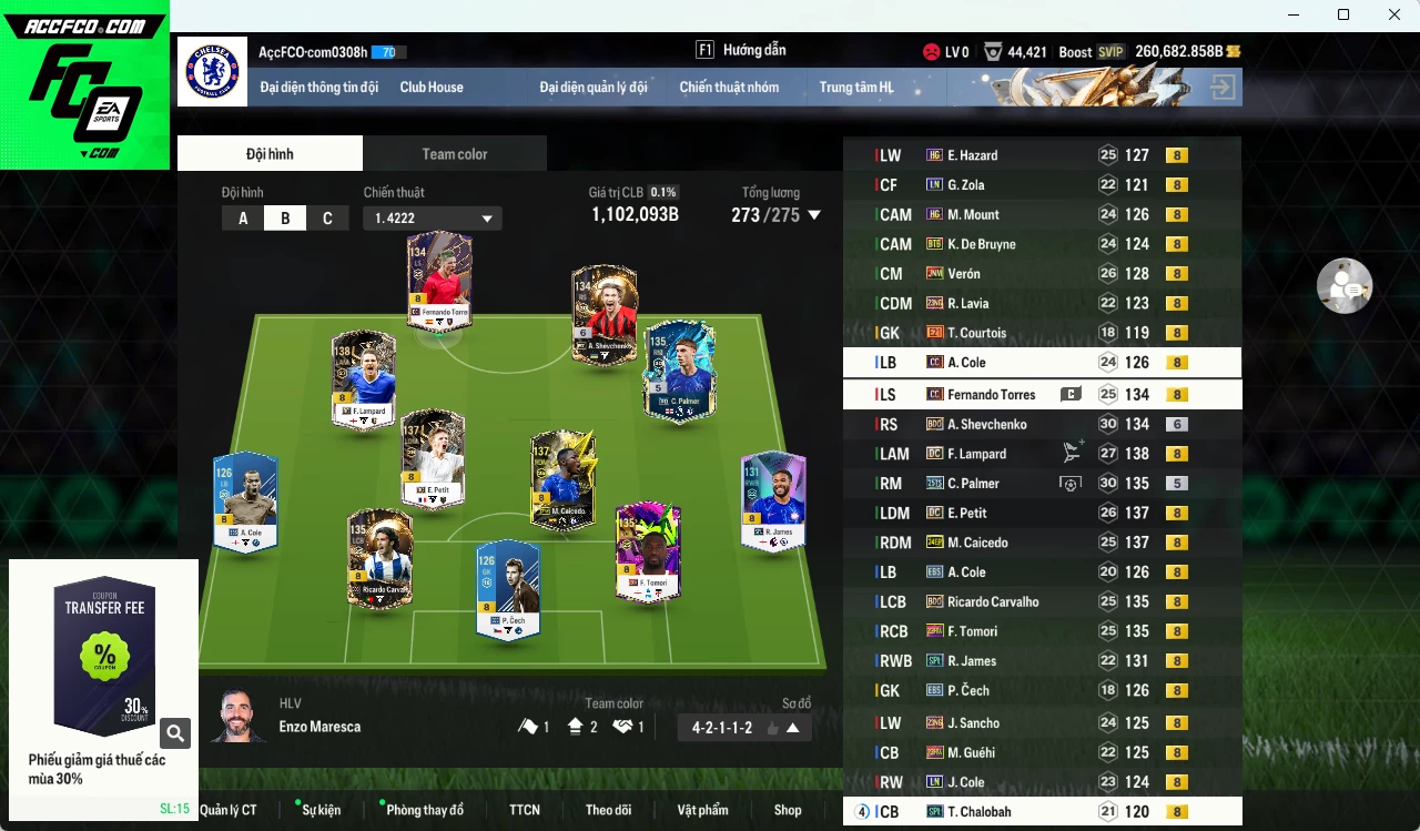 [Tặng 1300FC, Dư nhiều BP] Chelsea 1.102.090b dư 260.000b có Lampard DC, Caicede 24EP, Ricardo Carvalho BDO, Palmer 25TS, Petit DC, Tomori 23HW, Sheva BDO+6, Verón JNM, Hazard HG, K. De Bruyne BTB, James SPL, Torres CC...